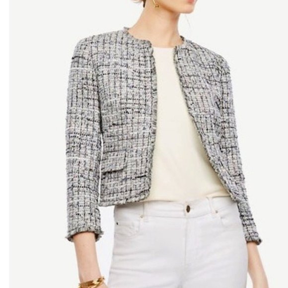 Ann Taylor Jackets & Blazers - Ann Taylor Grid Fringe Tweed Open Jacket in Size 4